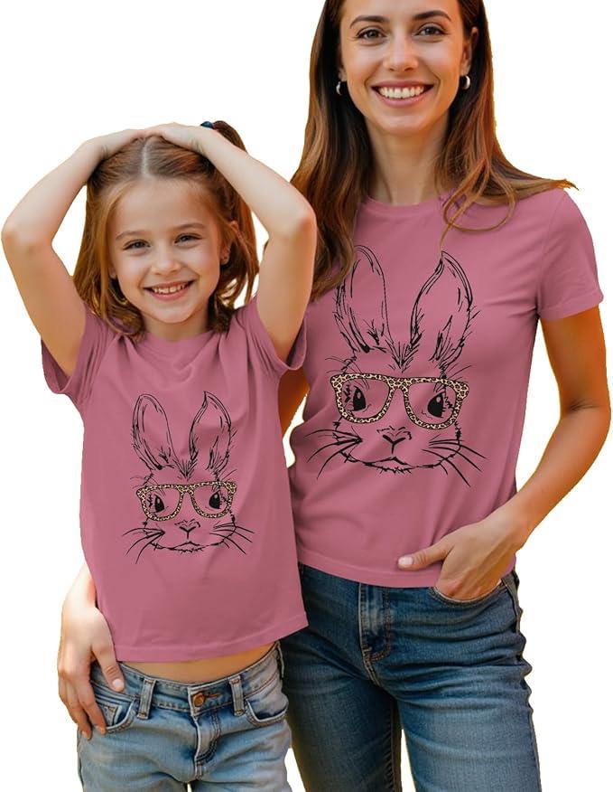 Mommy and Me Easter Shirt Women Toddler Girl Bunny Leopard Glasses Matching Outfit Rabbit Short Sleeve T-Shirt Tops, 2XL