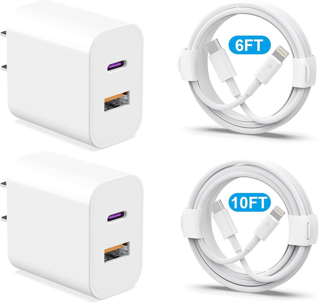 20W Dual Port Fast Charger Block 2-Pack with 6FT & 10FT MFi-Certified Cables, PD/QC3.0 Quick Charge Adapter for iPhone 14/13/12/11 Pro Max/XS/XR/X, iPad, AirPods Pro - Overheat & Surge Protection