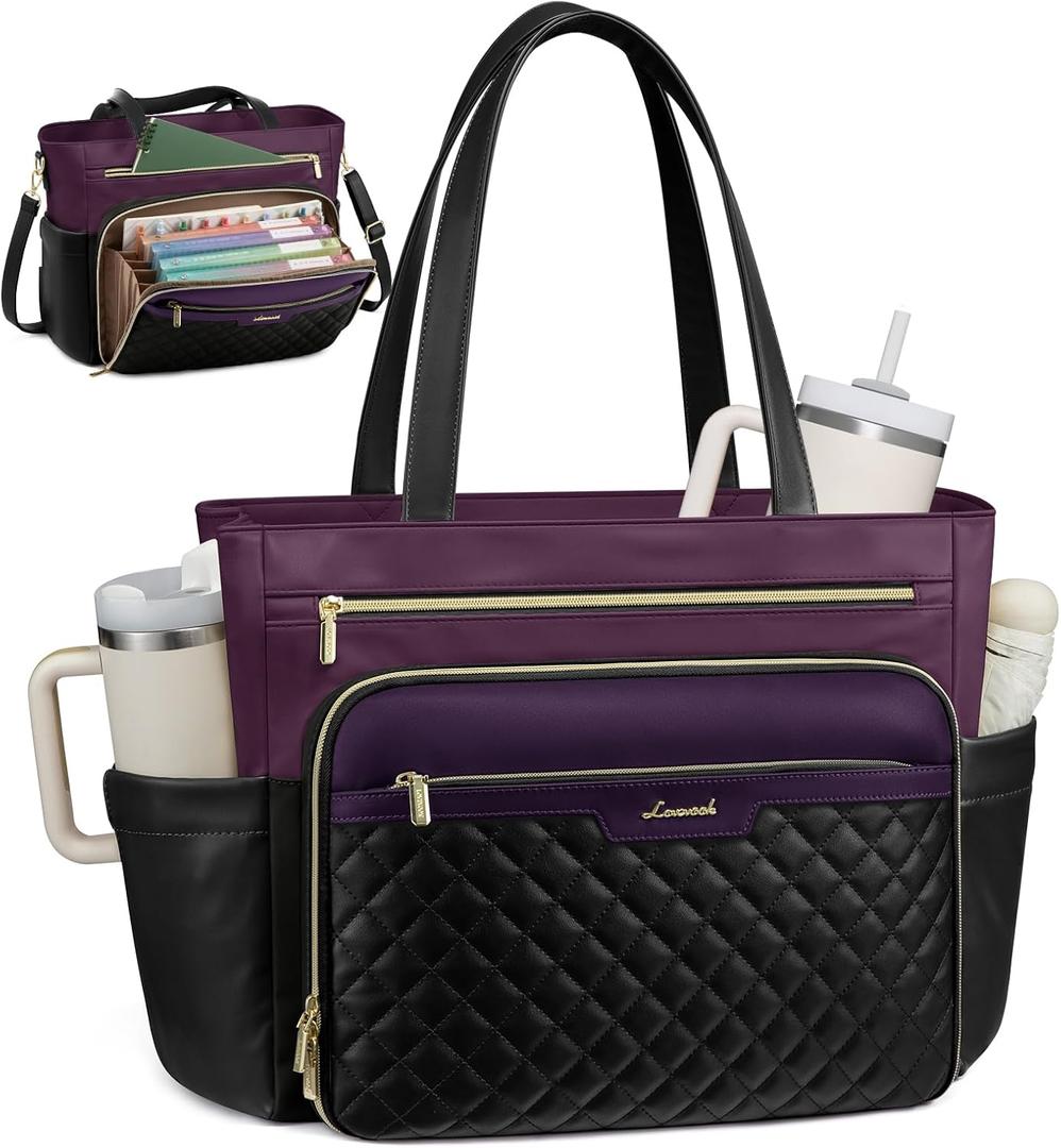 LOVEVOOK Teacher Tote Bag with Accordion File Pocket, Soft PU Leather Work Briefcase Quilted Laptop Bag with Large Cup Holder
