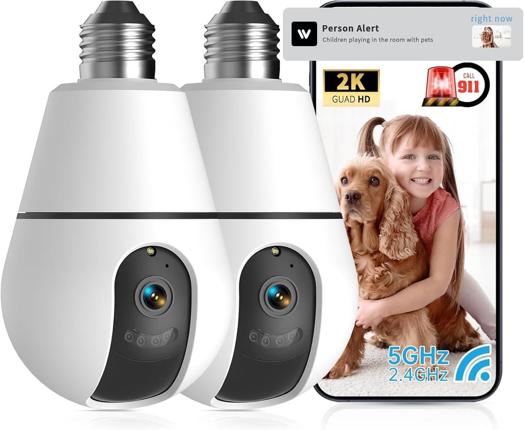 Light Bulb Security Camera,2.4G/5GHz WiFi 2K Security Cameras Wireless Outdoor Indoor,Bulb Cameras for Home Security,AI Smart Detection,911Emergency,US Based Cloud,2 Way Talk,Color Night Vision 2Pack (White)