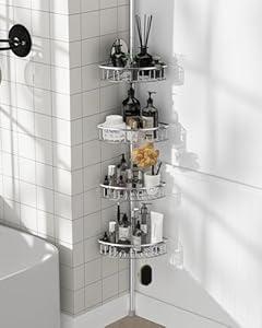 Corner Shower Caddy Tension Pole: Aluminum Shower Caddy Rod with Stainless Steel 4 Adjustable Rustproof Shelves Organizer for Bathroom, 47-121 inch, No Drilling, Quick Installation, Heavy Duty, Silver
