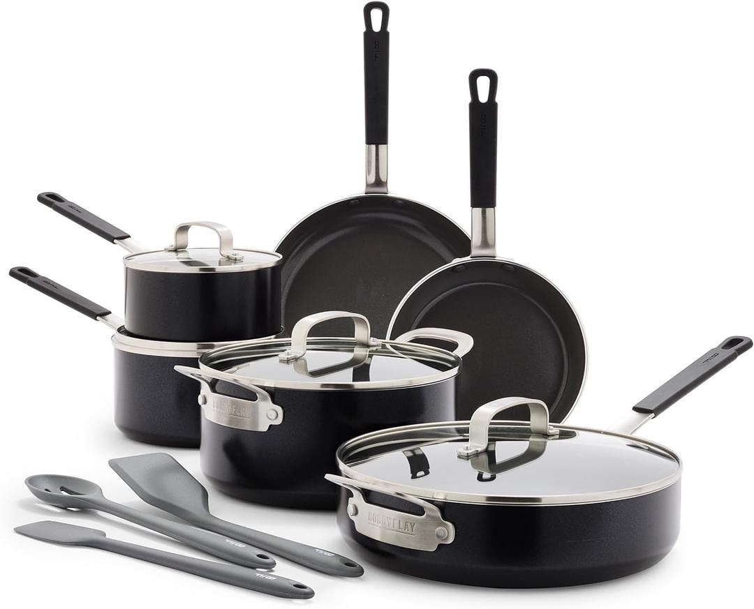 GreenPan x Bobby Flay 13 Piece Cookware Pots and Pans Set, Professional Grade Aluminum, PFAS & PFOA-Free Ceramic Nonstick, Induction Suitable, Stay-Cool Silicone Handle, Dishwasher & Oven Safe, Black