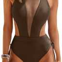 ZAFUL Womens Bathing Suits One Piece Halter Neck Mesh Swimsuit Sexy Cutout Open Back Swim Suit Cheeky Swimwear Deep Coffee Medium