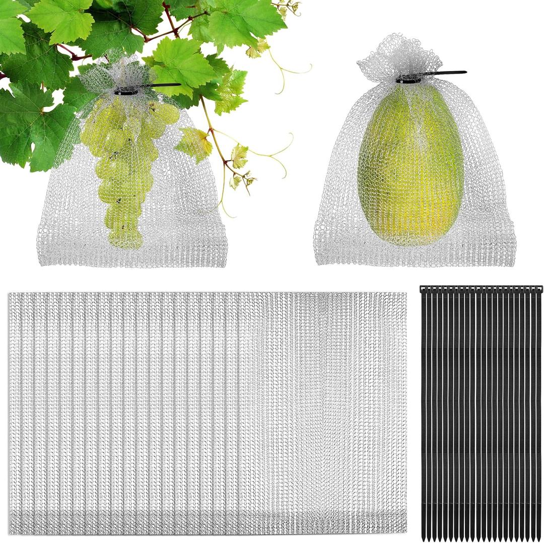 moonoom 20Pcs 8x12 Inch Stainless Steel Fruit Protection Bag, Fruit Protection Wire Cover Bag with Zip Tie, Reusable Vegetable Barrier Wire Bags for Protecting Fruits Berries Roots