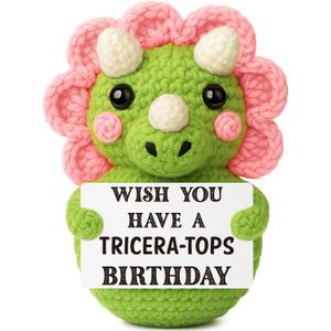 Xinezaa Funny Valentine Gift for Friends, Mini Crochet Triceratops with Birthday Pun Sign, Cute Handmade Dinosaur Desk Decor, Galentine Bestie Coworker Gift