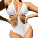 OYOANGLE Women's Chain Linked Cut Out Halter One Piece Swimsuit Tummy Control Bathing Suit (Medium, White)