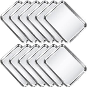 Potchen 12 Pcs Baking Sheet Pan Set Stainless Steel Cookie Sheet Small Toaster Oven Pans Tray Barbecue Grill Pan Rectangle Trays Oven Freezer Bakery, Non-stick, Easy Clean, 9 x 6.7 x 1 Inches