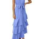 PRETTYGARDEN Women's Summer Floral Sundress Casual One Shoulder Tiered Ruffle Flowy Midi Beach Boho Dresses (Swiss Dot Blue, Medium)