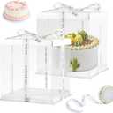 8Pcs Clear Cake Box with Ribbon 2-Layer 10x10x9 Inch, Transparent Cake Carrier Box with Lids, Tall Cake Boxes, Clear Gift Boxes for Birthday Wedding Valentine'Day.(White, 10*10*9inch/8pcs)