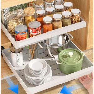 2 Pack Pull Out Cabinet Organizers Expandable (13''-19''), Slide Out Drawers for Kitchen, Bathroom, Pantry, Under Sink Storage, Pull Out Drawers Fixed with Adhesive Nano Film (White)