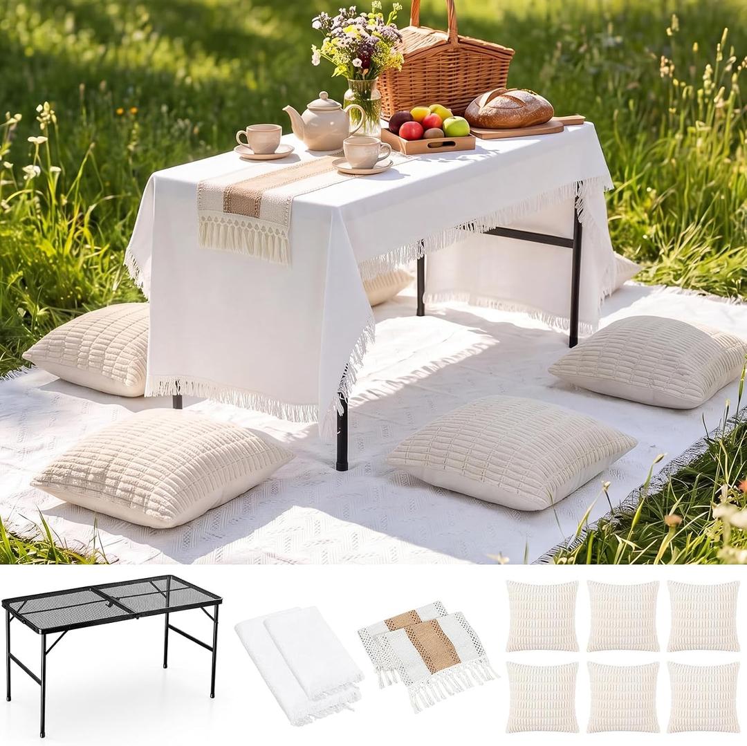Novabright 10 Pcs Boho Picnic Set Table Blanket Runner Pillow Cover, Large
