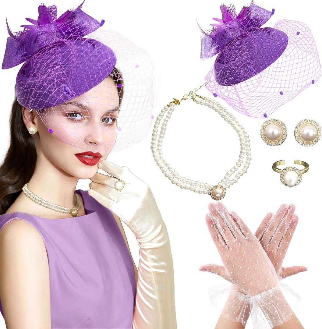 BACH AND BOUJEE Purple Tea Party Hats for Women Lace Gloves Fascinators Hats with Veil Feather Purple Vintage Tea Party Accessories Women Necklace Earrings Set 20s Wedding Accessories (Purple)