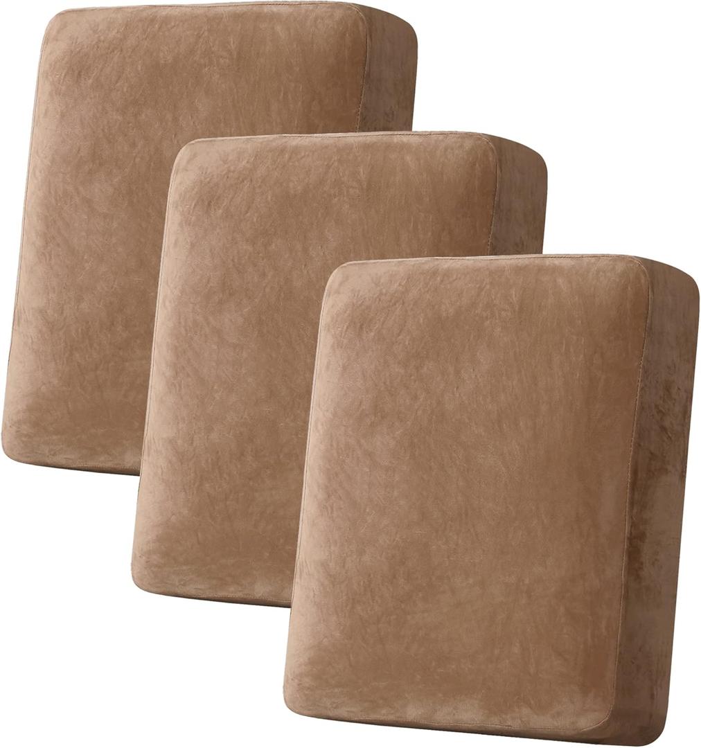 H.VERSAILTEX Velvet Stretch Couch Cushion Cover Plush Cushion Slipcover for Chair Loveseat Sofa Cushion Furniture Protector Seat Cushion Sofa Cover (3 Piece Sofa Cushion Covers, Camel) (30.5"D x 29.5"W x 10"H)