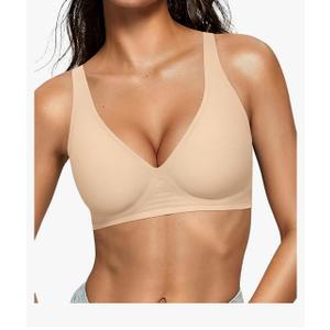 OEAK Womens Deep V Bras Wireless Comfortable Bra Supportive No Underwire Bras Tshirt Push Up Bralettes Plunge Seamless Bra Medium Beige