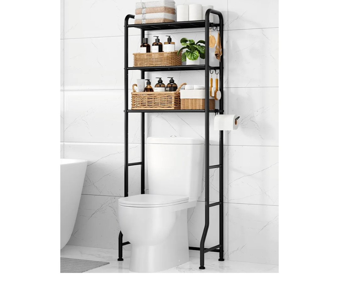 Kitsure Over Toilet Storage Rack - Metal Over Toilet Bathroom Organizer Shelf, Over The Toilet Storage Cabinet with Paper Holder and Hooks, Bathroom Cabinet for Laundry, Black, 3 Tiers (63.2" H)