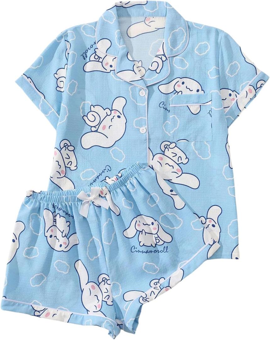 WDIRARA Women's Two Piece Animal Print Short Sleeve Button Shirt and Elastic Waist Shorts Pajama Set (X-Large, Blue Cute)