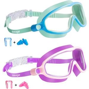Seago Swim Goggles 2 Pack Anti-Fog Anti-UV Wide View Swimming Goggles for Kids 3-14 (Lightgreen & Purple)