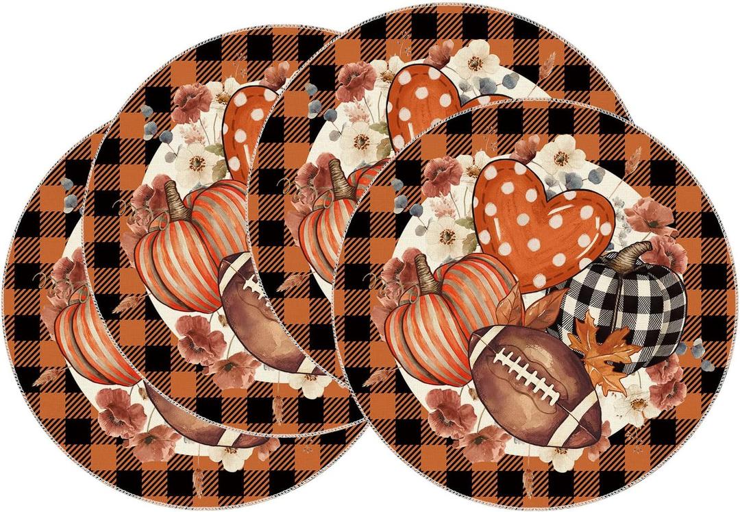 XCHI Fall Football Pumpkin Love Heart Flowers Plaid Round Placemats Set of 4 Table Mats for Party Home Kitchen Dining Table Decorations 14x14 Inch