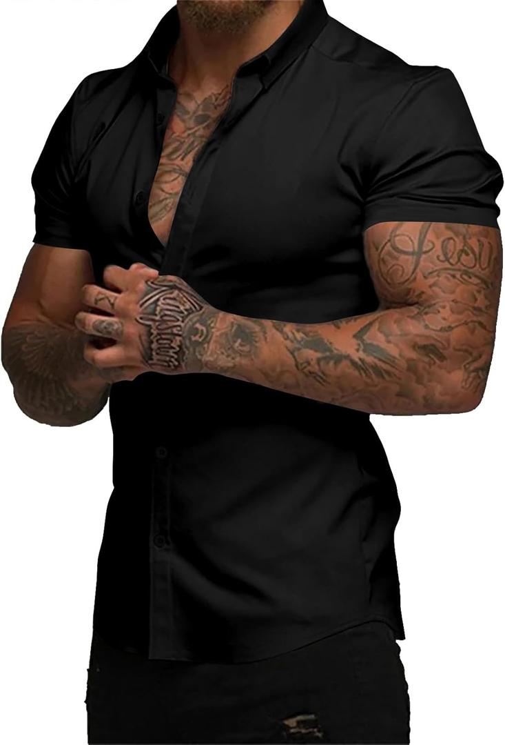 JMIERR Men's Muscle Fit Dress Shirts Summer Casual Button Down Short Sleeve High Stretch Wrinkle-Free Shirt (Small, Black)