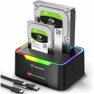 POSUGEAR External Hard Drive Docking Station, RGB Hard Drive Dock for 2.5/3.5 inch SATA HDD SSD, HDD Docking Station with 2 x 20TB Dual Bay, USB 3.0 Hard Drive Reader, Support Offline Clone and UASP