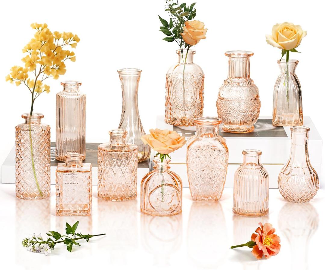 Clear Amber Gold Glass Bud Vase Set of 12 Pcs,Small Bud Vases in Bulk,Glass Crystal Flower Vases Table Centerpieces for Party Event Wedding Decor Baby Shower Decorations (Amber Gold, 12 Pcs)