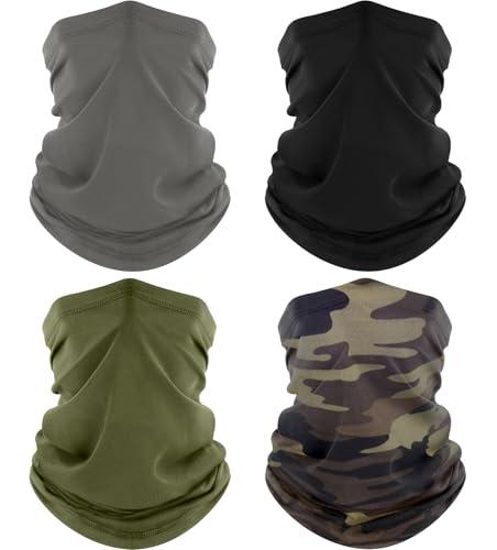 ROXUN 4 Pack Neck Gaiter, Cooling Breathable Face Mask UV Protection Scarf Hiking Bandana for Men/Women Black+Gray+Army Green+Camo