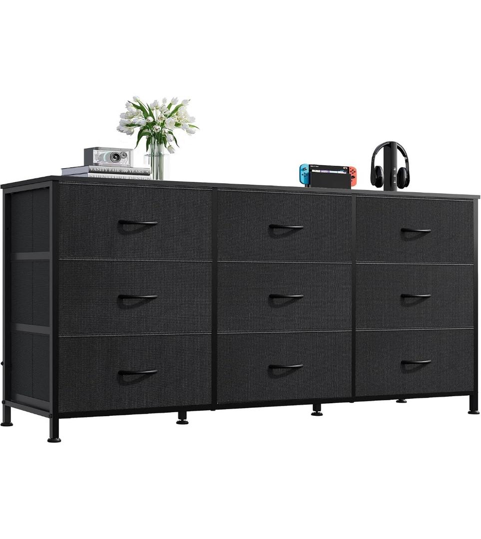 WLIVE 47''W Dresser for Bedroom, Black Dresser TV Stand for 45, 50, 55 inch TV, Wide Chest of Drawers with 9 Drawer, Large Entertainment Center, Fabric Dressers with Wood Top for Closet, Living Room, Regular Size