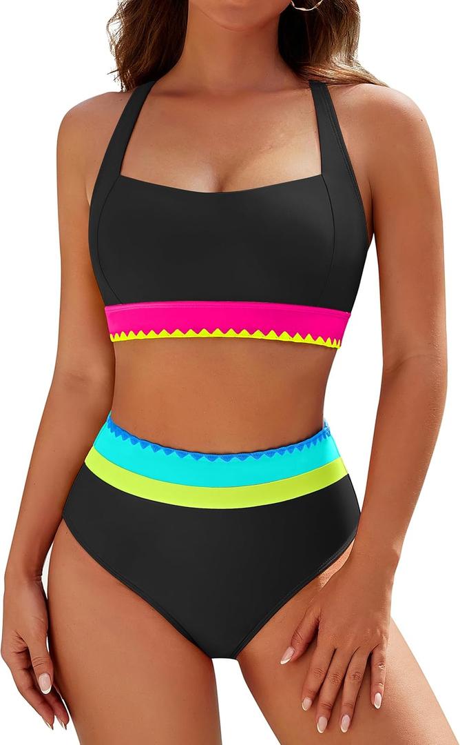Blooming Jelly Womens High Waisted Bikini Sets Tummy Control Modest Two Piece Swimsuit Retro Sporty Color Block Bathing Suit (Medium, Black)