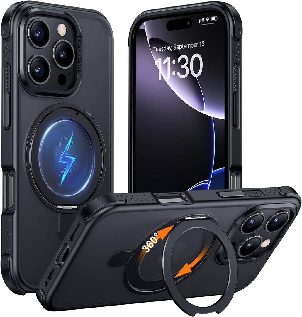 Temdan Magnetic for iPhone 16 Pro Case,[with 360Rotatable Invisible Magnetic O-Ring Stand][Military Grade Shockproof][Compatible with MagSafe] Slim Translucent Matte Phone Case for iPhone 16 Pro 6.3" (Black)