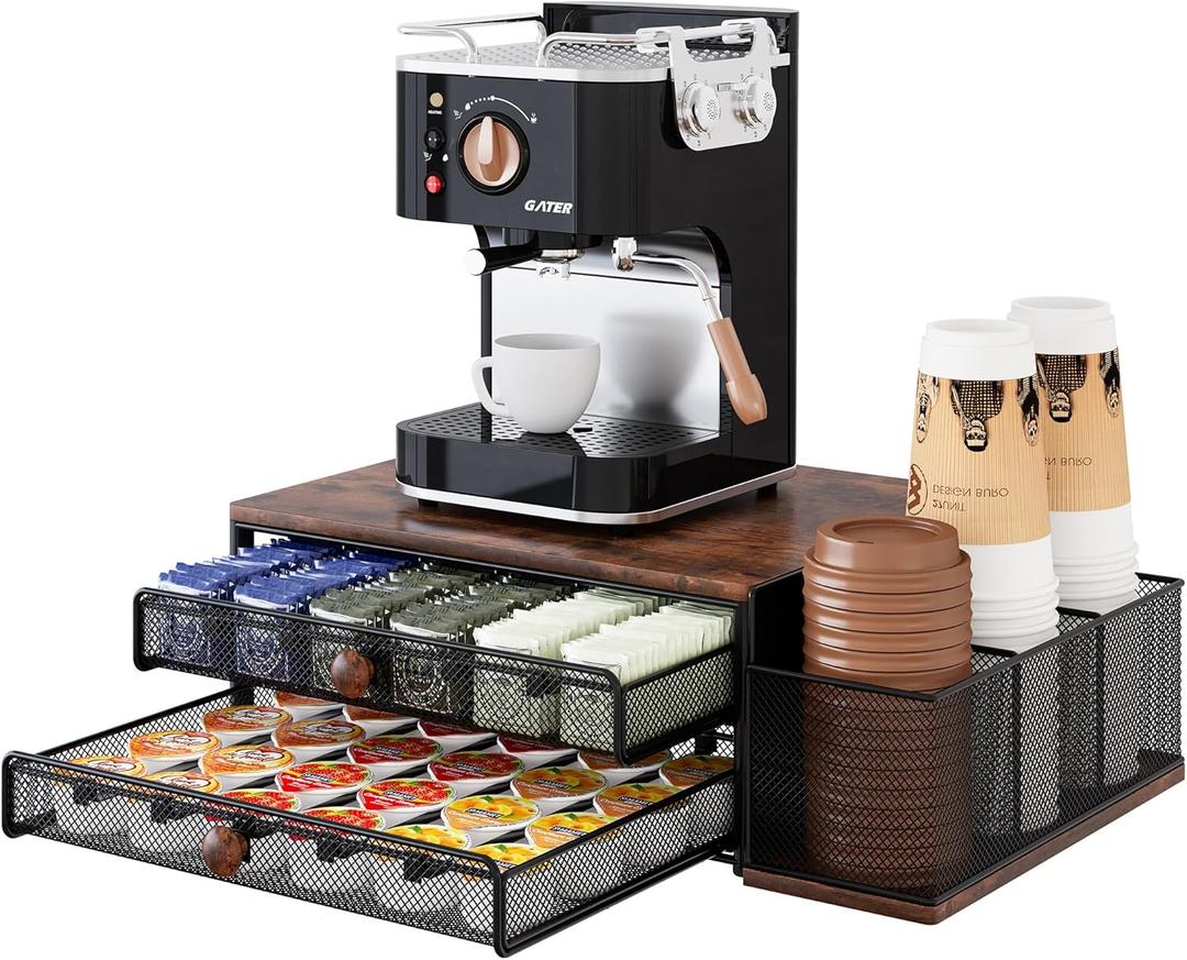 Coffee Bar Organizer, 60 Capacity K Cup Organizer for Countertop, 2 Tier Sliding Coffee Pod Storage Drawer with Disposable Cup & Lid Holder, Black