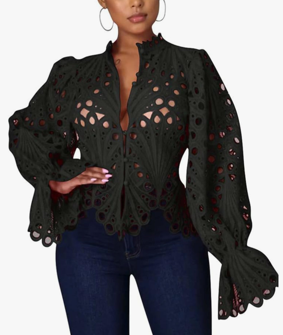 Doweha Women’s Sexy Ruffle Long Sleeve Summer Lace Tops 2025 Puff Flare Shirt V Neck Hollow Out Button Down Tunic Blouses (L)
