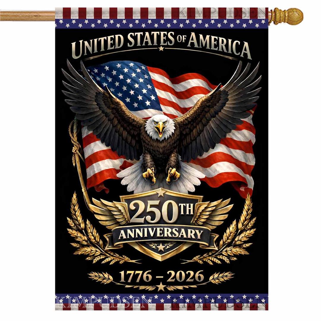 Welcome 4th of July Patriotic Highland Cow House Flag 28x40 Inch Double Sided for Outside, Independence Day Memorial Day Outdoor Decoration