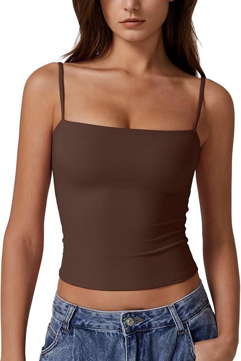 QINSEN Women's Double Lined Basic Tank Top Adjustable Spaghetti Straps Sleeveless Camisole Shirts, Color: Chestnut, Size XS