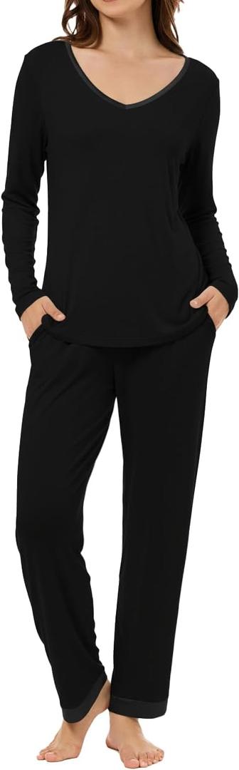 LUBOT 2026 Bamboo Viscose Pajamas Women Sets Pjs Soft Breathable 2 Piece V Neck Short/Long Sleeve Pants Sleepwear S-4XL (Black, S)