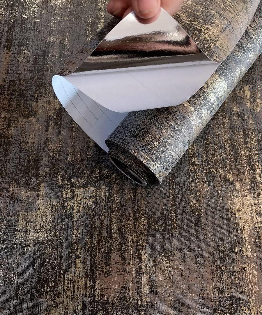 Peel and Stick Wallpaper Industrial Textured Metallic Wallpaper Self Adhesive Distressed Wall Paper Roll, 20.8'' X 236.0'', Charcoal & Gold