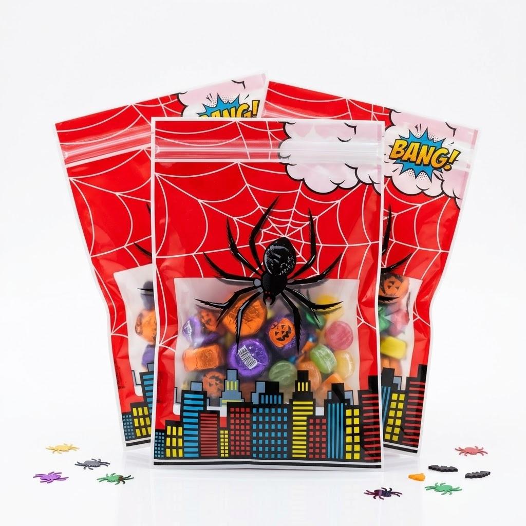 12Pcs Spider Goodie Bags Hero Action Sign Treat Candy Plastic Bags for Superhero Theme Party Supplies Spider Movie Fans Birthday Party Decorations