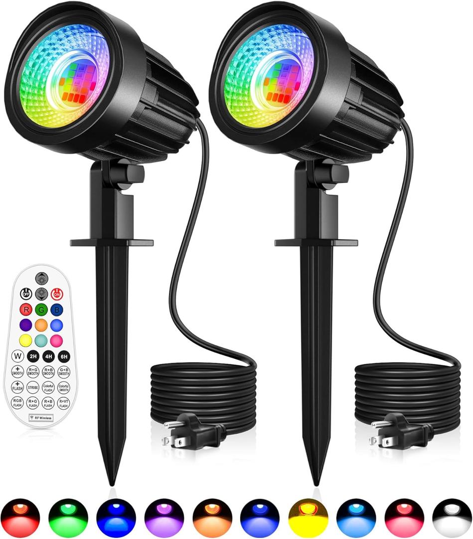 15W RGB Landscape Lighting, LED Color Changing Landscape Lights 120V with Remote Control, IP66 Waterproof Outdoor Spotlight for Yard Garden Path Indoor Decorative, 2 Pack
