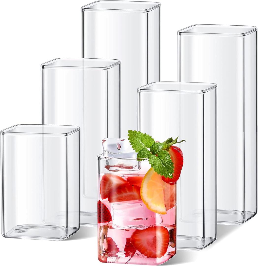Sumind Set of 6 Square Drinking Glasses 8/13/17 oz Cocktail Glass Cups Clear Tall Cute Tumbler for Iced Tea Juice Beer Coffee Mixed Drink