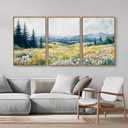 KaiWithYuan Watercolor Mountain Woodland Framed Canvas Wall Art, Nature Pine Tree Forest Wall Decor, Modern Daisy Flower Art Paintings, Cozy Meadow Artwork for Bedroom Living Room Office 16"x24"x3