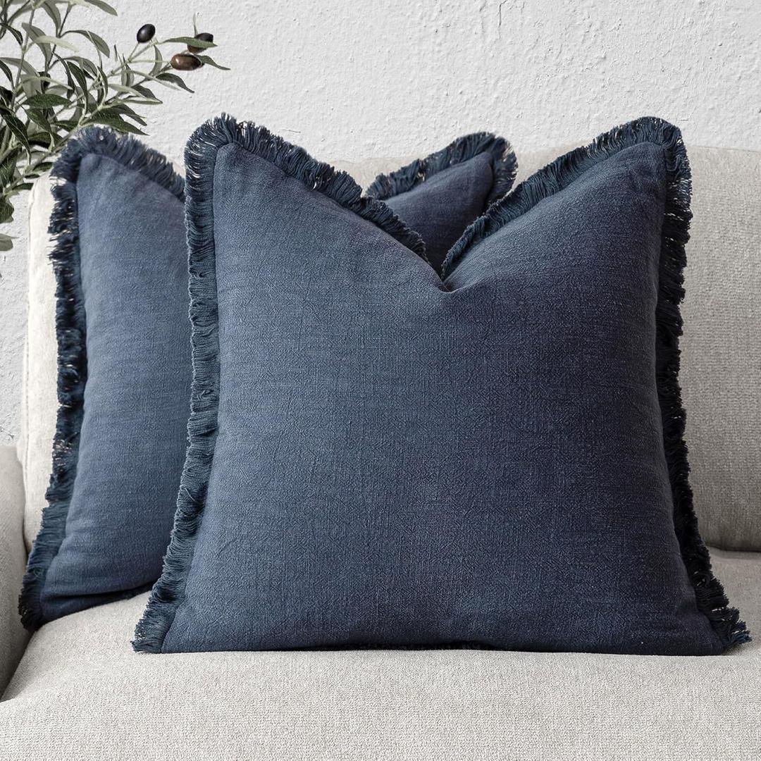 Foindtower Set of 2 Decorative Linen Fringe Throw Pillow Covers Cozy Boho Farmhouse Cushion Cover with Tassels Soft Accent Pillowcase for Couch Sofa Bed Living Room Home Decor,1818 Inch,Navy Blue (18" x 18" (Pack of 2), Navy Blue)