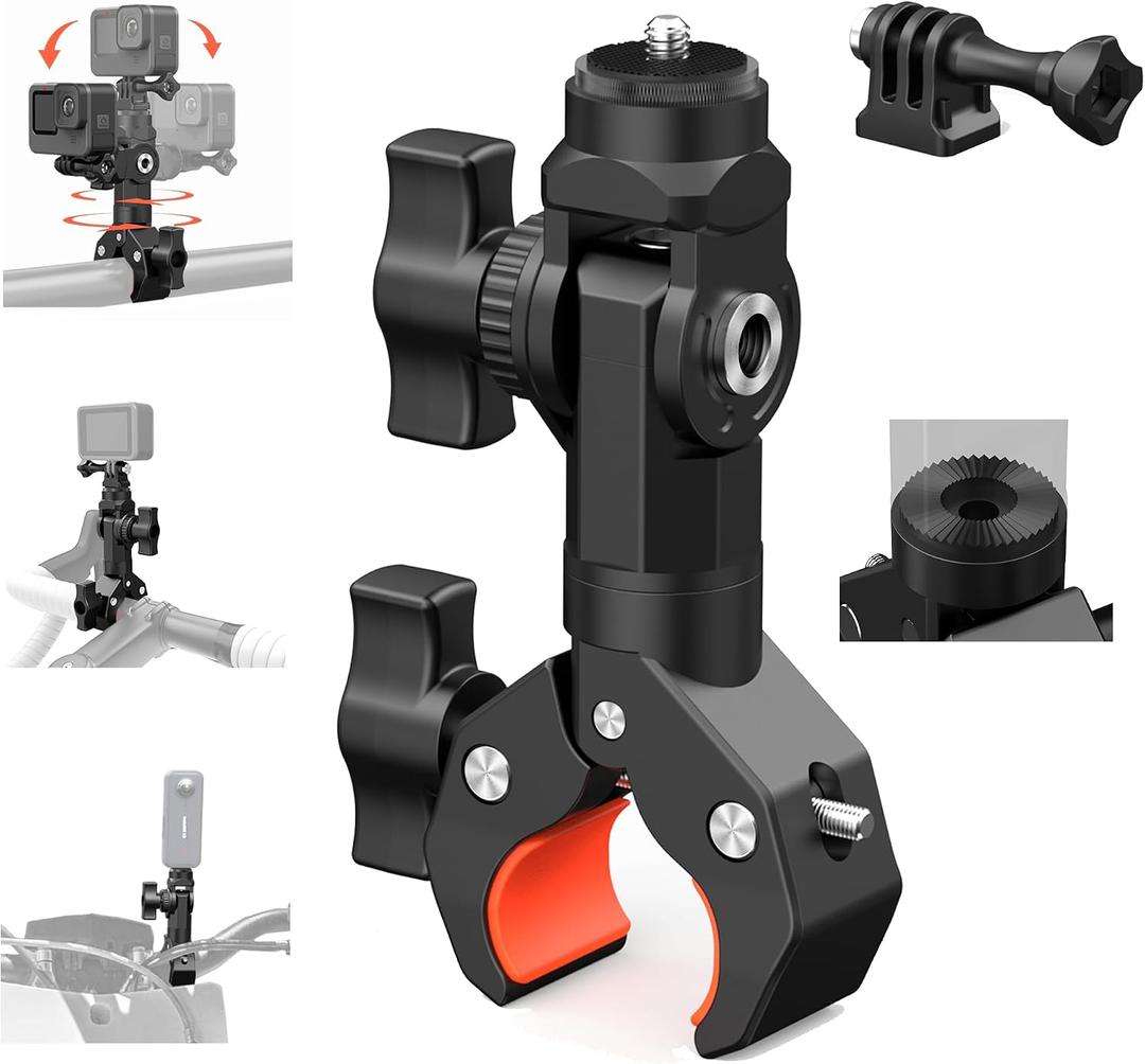 Bike Motorcycle Handlebar Camera Clamp Mount for Gopro Insta360 X5 X4 X3 X2 ONE RS R Mevo Start DJI Action Cameras, Super Clamp Bracket with 1/4" Thread Interface Magic Arm for Moto/Bicycle/Pole