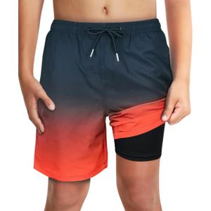 LUCOWEE Boys Swim Bathing Trunks Soft Compression Liner no-Chafing Swimming Shorts Quick Dry Light UPF 50+ Quality Swimsuit (14-16, Black Red Ombre)