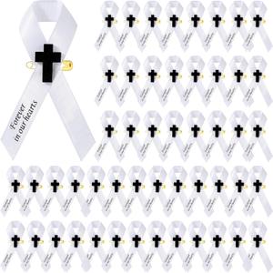 50 Pcs Memorial Funeral Ribbon with Cross Pins Respect Ribbon Bow Forever in Our Heart for Funeral Party Armband Mourning Event Remembrance Supplies(White)