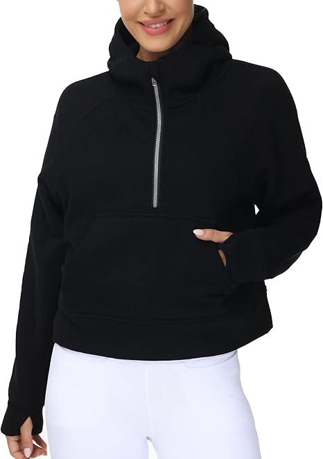 THE GYM PEOPLE Womens' Hoodies Half Zip Long Sleeve Fleece Crop Pullover Sweatshirts with Pockets Thumb Hole, size L