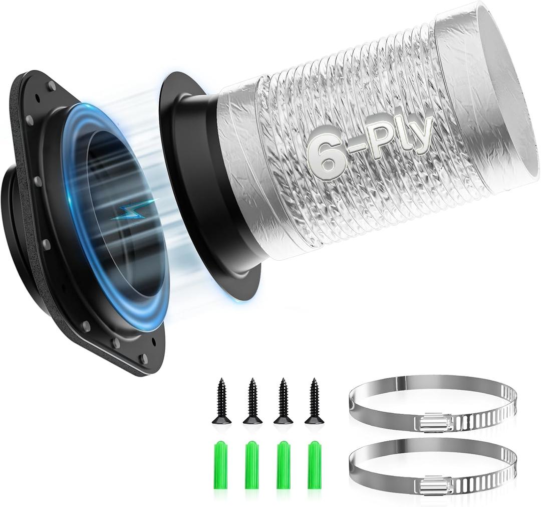 Hon&Guan Magnetic Dryer Vent Coupling Connector Kit DV180 Upgraded Inner Ring Design, 6-Ply 4" x 3ft Aluminum Foil Dryer Vent Hose for Tight Space, 2 Clamps (Black)
