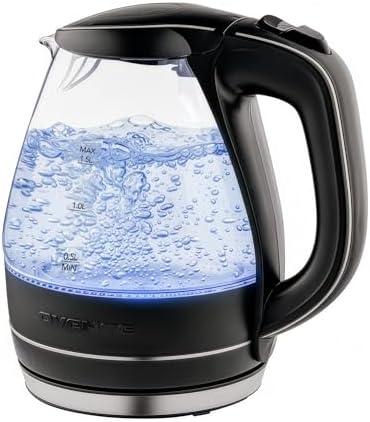OVENTE Electric Kettle, 1.5L Borosilicate Glass Countertop Water Heater and Boiler for Coffee or Tea, BPA-Free, Auto Shut-Off, Boil-Dry Protection, Removable and Washable Spout Filter, Black KG83B