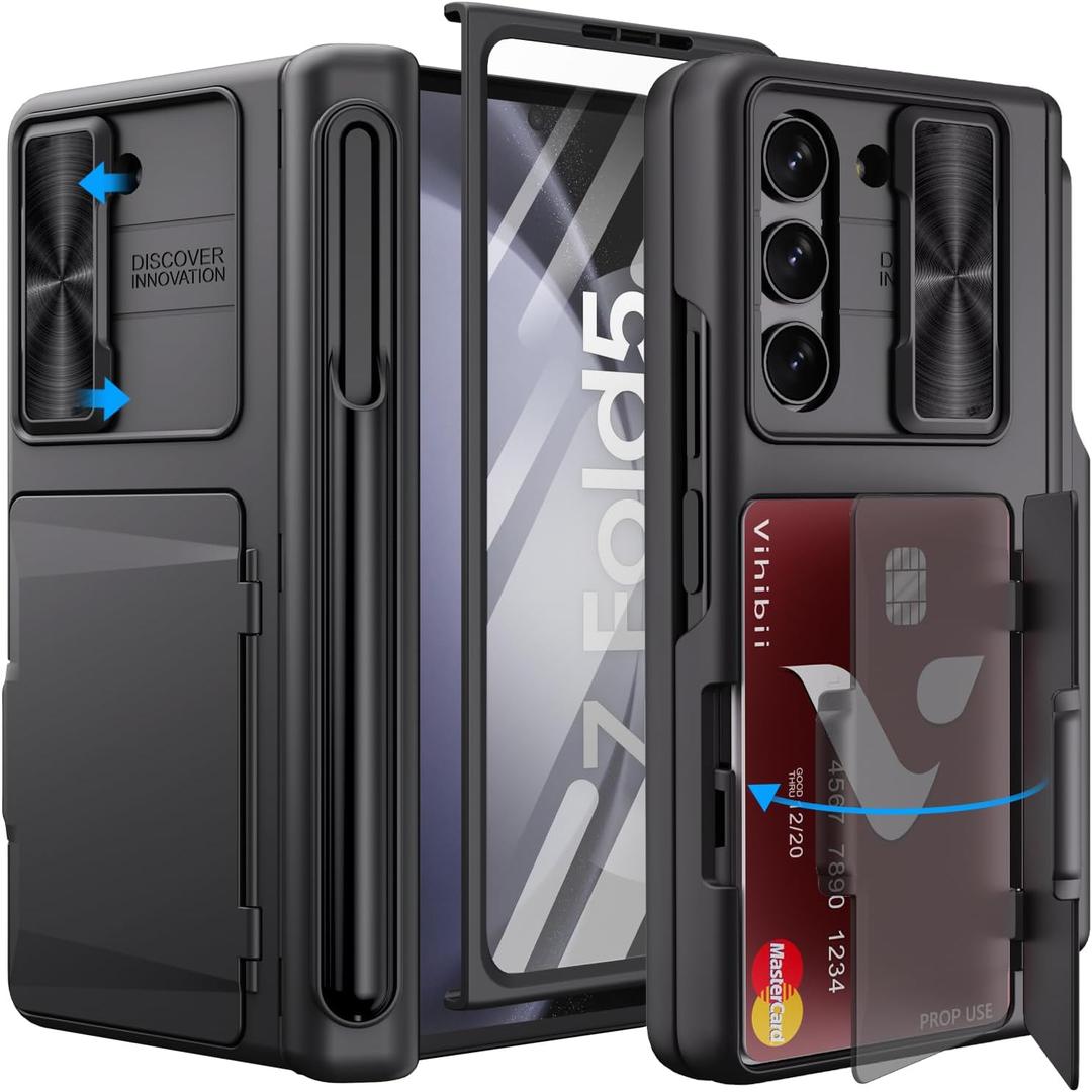 Vihibii for Samsung Galaxy Z Fold 5 Case with S Pen Holder & Card Holder & Slide Lens Cover & Screen Protector & Hinge Protection, Shockproof Rugged Wallet Phone Case for Galaxy Z Fold 5 2023, Black