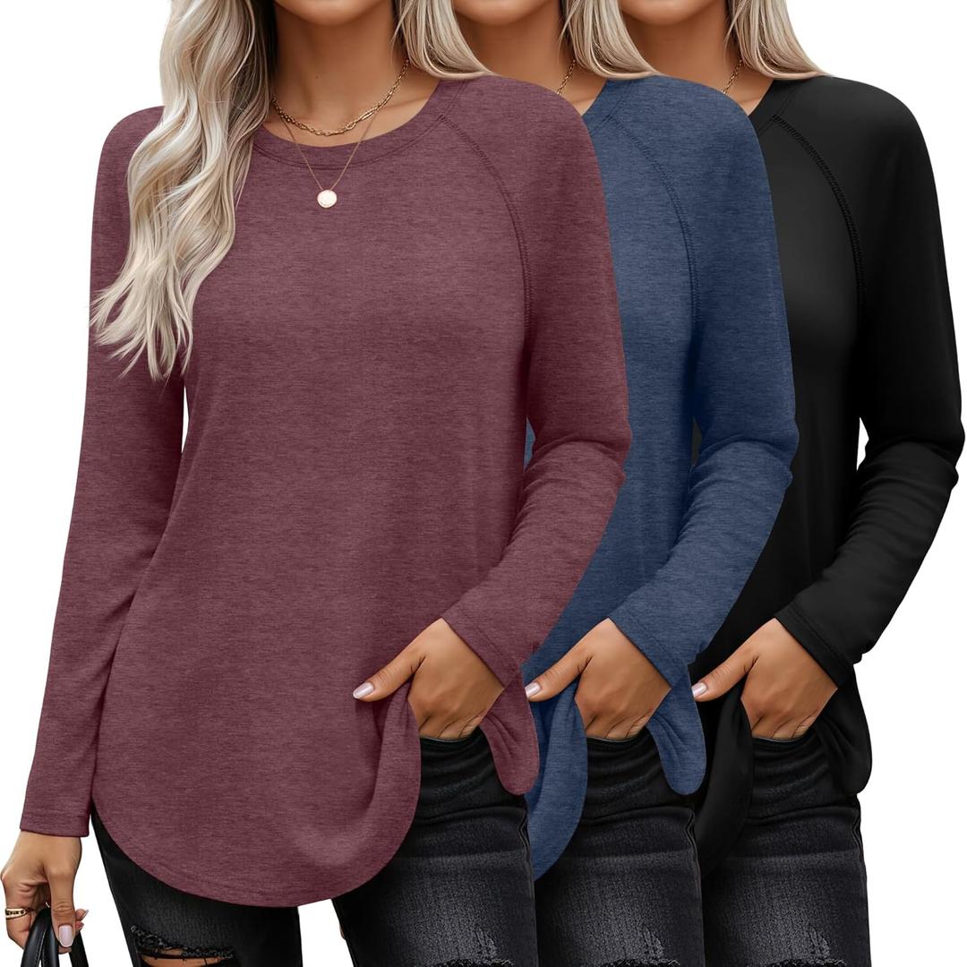 Ficerd 3 Pack Women's Long Sleeve T-Shirts Crew Neck Raglan Sleeve Casual Loose Fit Shirts Side Split Curved Hem Tunic Tops (X-Large, Black, Navy Blue, Dark Red)