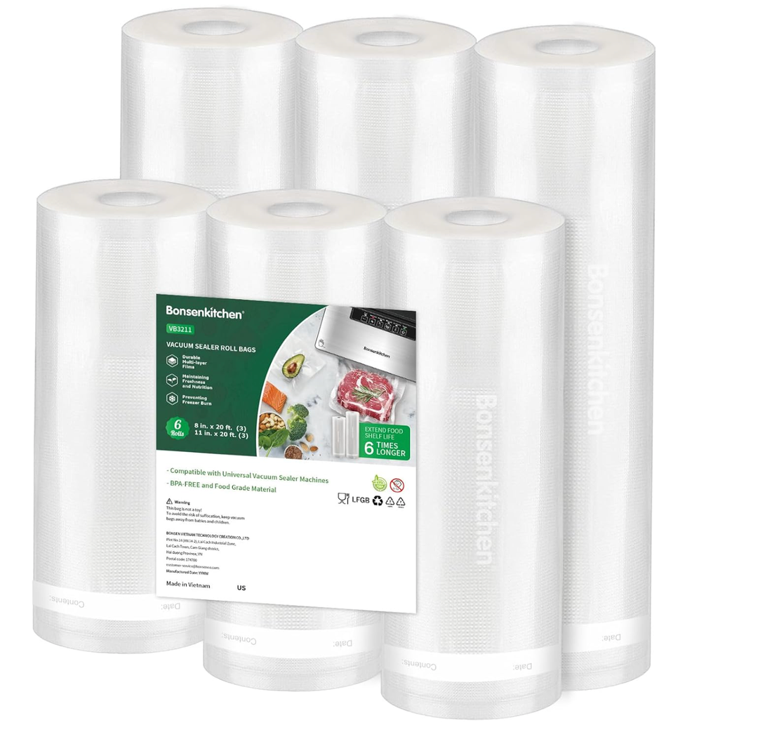 Bonsenkitchen Vacuum Sealer Rolls Bags, 6 Pack 3 Rolls 11" x 20' + 3 Rolls 8" x 20' Commercial Grade BPA Free Bag Rolls, Durable Customized Size Food Vac Bags for Storage and Sous Vide Cooking VB3211
