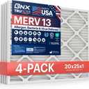 BNX TruFilter 20x25x1 Air Filter MERV 13 (4-Pack) - MADE IN USA - Electrostatic Pleated Air Conditioner HVAC AC Furnace Filters for Allergies, Pollen, Mold, Bacteria, Smoke, Allergen, MPR 1900 FPR 10